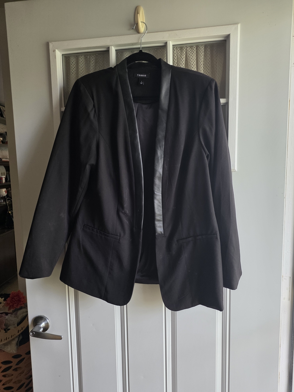 Torrid Black Open-Front Blazer with Satin Trim